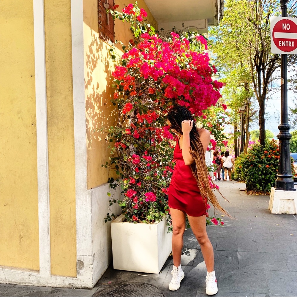 Red satin slip dress
